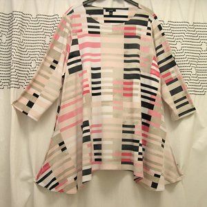ALFANI Women Swing Tunic white/multi color bars, shark-bite hem, 3/4 sleeves 2X
